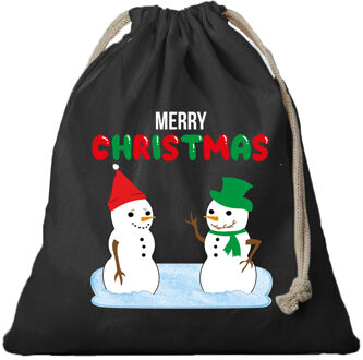 Bellatio Decorations 1x Kerst cadeauzak zwart Sneeuwpoppen met koord voor als cadeauverpakking