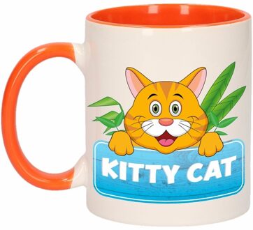 Bellatio Decorations 1x Kitty Cat beker / mok - oranje met wit - 300 ml keramiek - katten bekers Multikleur