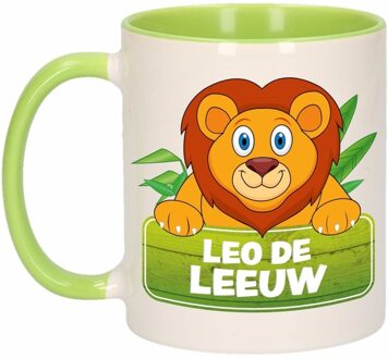 Bellatio Decorations 1x Leo de Leeuw beker / mok - groen met wit - 300 ml keramiek - leeuwen bekers Multikleur