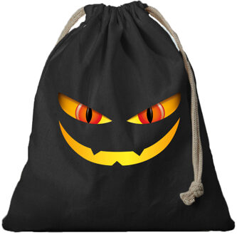 Bellatio Decorations 1x Monster gezicht halloween canvas snoep tasje/ snoepzakje zwart met koord 25 x 30 cm