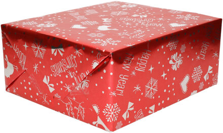 Bellatio Decorations 1x Rol Kerst inpakpapier/cadeaupapier rood metallic Merry Christmas 2,5 x 0,7 meter