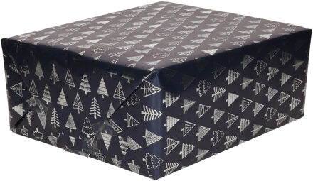 Bellatio Decorations 1x Rollen Kerst inpakpapier/cadeaupapier donkerblauw/gouden bomen 2,5 x 0,7 meter