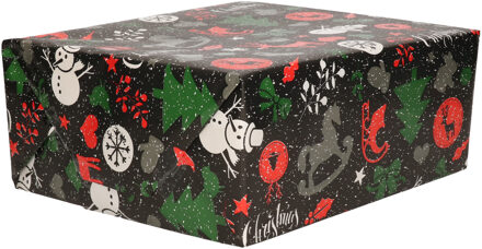 Bellatio Decorations 1x Rollen Kerst inpakpapier/cadeaupapier zwart 2,5 x 0,7 meter Multi