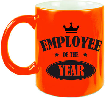 Bellatio Decorations 1x stuks collega cadeau mok / beker neon oranje employee of the year - feest mokken