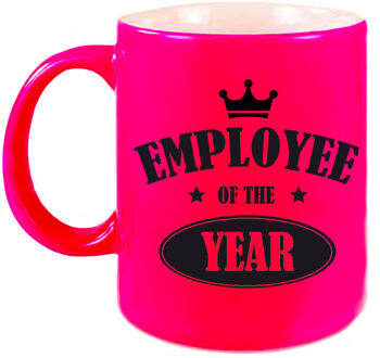 Bellatio Decorations 1x stuks collega cadeau mok / beker neon roze employee of the year - feest mokken