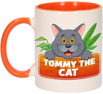 Bellatio Decorations 1x Tommy the Cat beker / mok - oranje met wit - 300 ml keramiek - katten bekers Multikleur