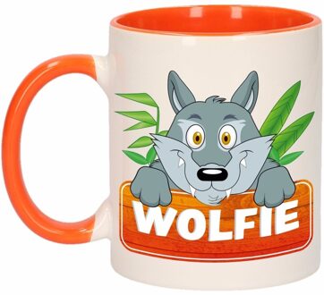 Bellatio Decorations 1x Wolfie beker / mok - oranje met wit - 300 ml keramiek - wolven bekers Multikleur