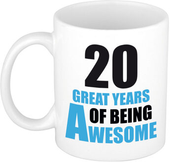 Bellatio Decorations 20 great years of being awesome cadeau mok / beker wit en blauw- verjaardagscadeau - feest mokken