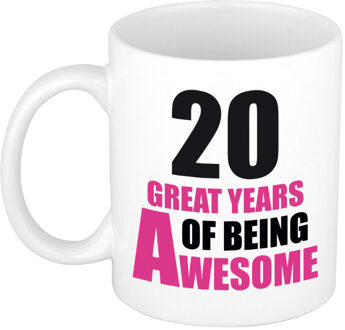 Bellatio Decorations 20 great years of being awesome cadeau mok / beker wit en roze- verjaardagscadeau - feest mokken