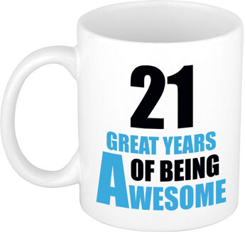 Bellatio Decorations 21 great years of being awesome cadeau mok / beker wit en blauw - verjaardagscadeau 21 jaar - feest mokken