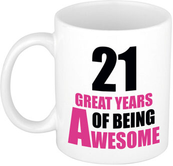 Bellatio Decorations 21 great years of being awesome cadeau mok / beker wit en roze - verjaardagscadeau 21 jaar - feest mokken