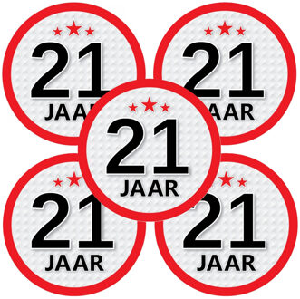 Bellatio Decorations 21 jaar leeftijd sticker - 5x - rond - Dia 15 cm - 21 jaar verjaardag - jubileum - leeftijd versieri