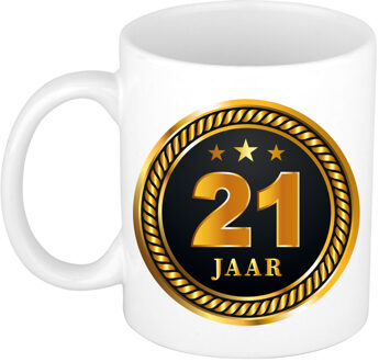 Bellatio Decorations 21 jaar thema koffiemok Medaille - jubileum - verjaardag - zwart met goud - Cadeau beker