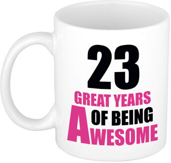 Bellatio Decorations 23 great years of being awesome cadeau mok / beker wit en roze - verjaardagscadeau 23 jaar - feest mokken