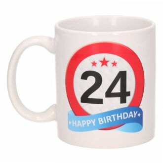 Bellatio Decorations 24 jaar Verjaardag koffiemok - cadeau beker - stopbord print - 300 ml - keramiek - wit