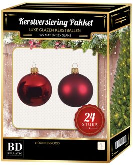 Bellatio Decorations 24 Stuks glazen Kerstballen pakket donkerrood 6 cm