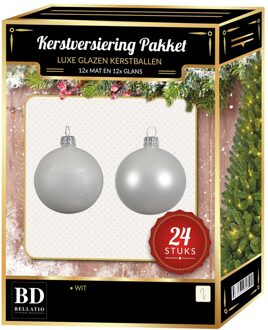 Bellatio Decorations 24 Stuks glazen Kerstballen pakket winter wit 6 cm