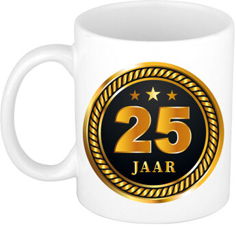 Bellatio Decorations 25 jaar jubileum/ verjaardag cadeau beker met zwart/ gouden medaille - feest mokken