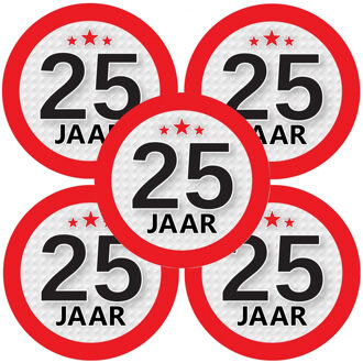 Bellatio Decorations 25 jaar leeftijd sticker - 5x - rond - Dia 9 cm - 25 jaar verjaardag - jubileum - leeftijd versierin