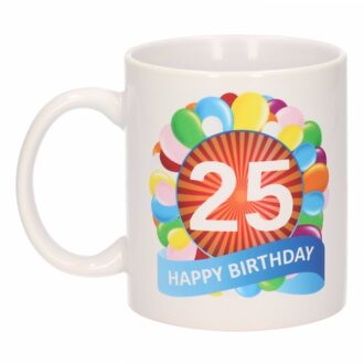 Bellatio Decorations 25 jaar Verjaardag koffiemok - cadeau beker - feestelijke ballonnen print - 300 ml - keramiek - wit