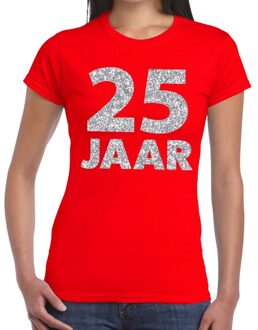 Bellatio Decorations 25 jaar zilver glitter verjaardag/jubileum shirt rood dames S