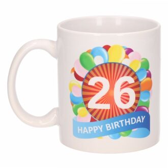 Bellatio Decorations 26 jaar Verjaardag koffiemok - cadeau beker - feestelijke ballonnen print - 300 ml - keramiek - wit