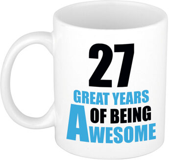 Bellatio Decorations 27 great years of being awesome cadeau mok / beker wit en blauw - verjaardagscadeau 27 jaar - feest mokken