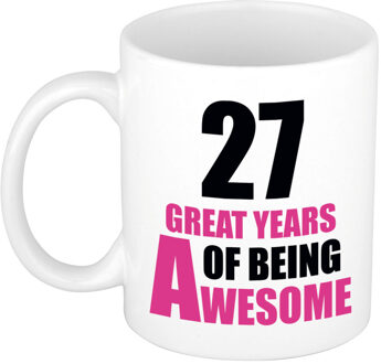 Bellatio Decorations 27 great years of being awesome cadeau mok / beker wit en roze - verjaardagscadeau 27 jaar - feest mokken