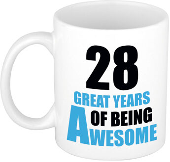 Bellatio Decorations 28 great years of being awesome cadeau mok / beker wit en blauw - verjaardagscadeau 28 jaar - feest mokken