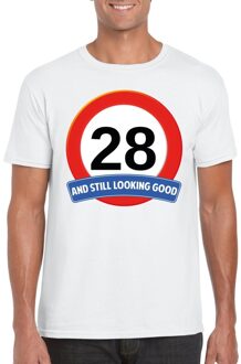 Bellatio Decorations 28 jaar and still looking good - t-shirt verkeersbord print - wit - heren - verjaardag