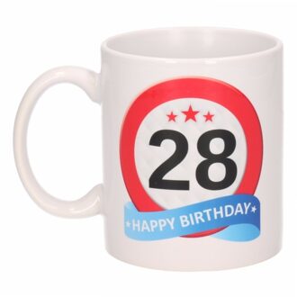 Bellatio Decorations 28 jaar Verjaardag koffiemok - cadeau beker - stopbord print - 300 ml - keramiek - wit