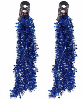 Bellatio Decorations 2x Blauwe folie slingers/guirlandes met sterren 200 cm - Kerstslingers - Kerstboomversiering blauw