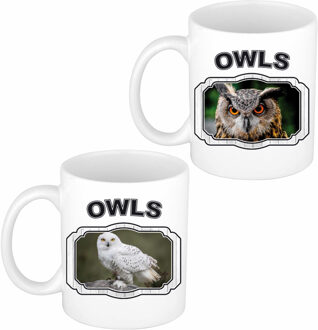 Bellatio Decorations 2x Dieren vogels Uilen prints drink mokken 300 ml - feest mokken Wit