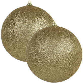 Bellatio Decorations 2x Gouden grote glitter kerstballen 13,5 cm - hangdecoratie / boomversiering glitter kerstballen