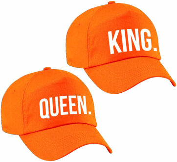 Bellatio Decorations 2x oranje baseballcaps met King en Queen tekst - Voor volwassenenen - Koningsdag/supporters petjes