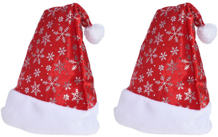 Bellatio Decorations 2x Rode kerstmutsen met sneeuwvlokken voor volwassenen - Kerstaccessoires kerstmutsen