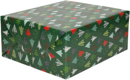 Bellatio Decorations 2x Rollen Kerst inpakpapier/cadeaupapier donkergroen/gekleurde bomen 2,5 x 0,7 meter