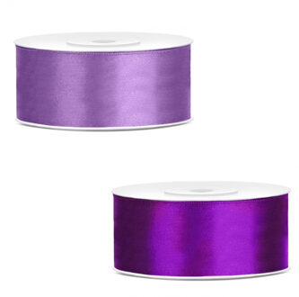 Bellatio Decorations 2x rollen satijn cadeaulint/sierlint - 2.5 cm x 25 meter - 2 tinten paars