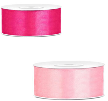 Bellatio Decorations 2x rollen satijn cadeaulint/sierlint - 2.5 cm x 25 meter - 2 tinten roze