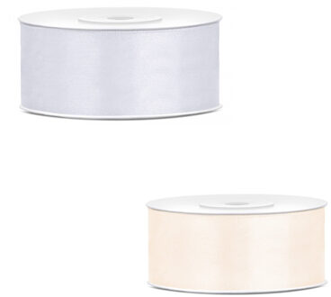 Bellatio Decorations 2x rollen satijn cadeaulint/sierlint - 2.5 cm x 25 meter - 2 tinten wit