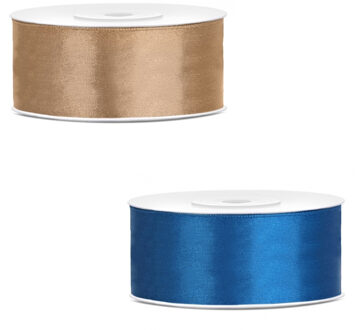 Bellatio Decorations 2x rollen satijn cadeaulint/sierlint - 2.5 cm x 25 meter - blauw en goud
