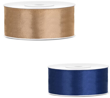 Bellatio Decorations 2x rollen satijn cadeaulint/sierlint - 2.5 cm x 25 meter - blauw en goud