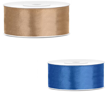 Bellatio Decorations 2x rollen satijn cadeaulint/sierlint - 2.5 cm x 25 meter - blauw en goud