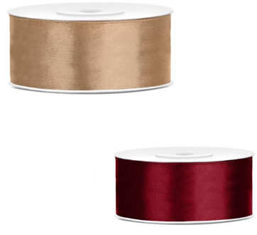 Bellatio Decorations 2x rollen satijn cadeaulint/sierlint - 2.5 cm x 25 meter - bordeaux rood en gou