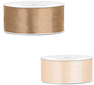 Bellatio Decorations 2x rollen satijn cadeaulint/sierlint - 2.5 cm x 25 meter - creme wit en goud