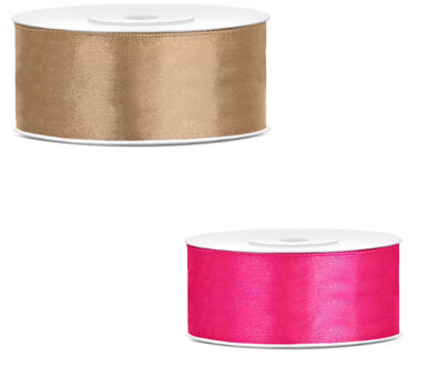 Bellatio Decorations 2x rollen satijn cadeaulint/sierlint - 2.5 cm x 25 meter - donkerroze en goud