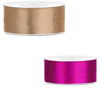 Bellatio Decorations 2x rollen satijn cadeaulint/sierlint - 2.5 cm x 25 meter - fuchsia roze en goud