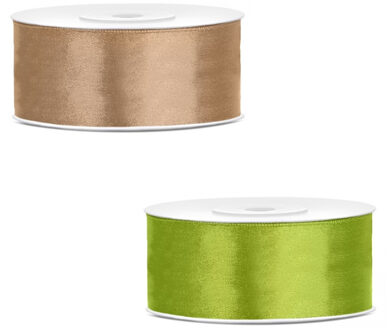 Bellatio Decorations 2x rollen satijn cadeaulint/sierlint - 2.5 cm x 25 meter - groen en goud