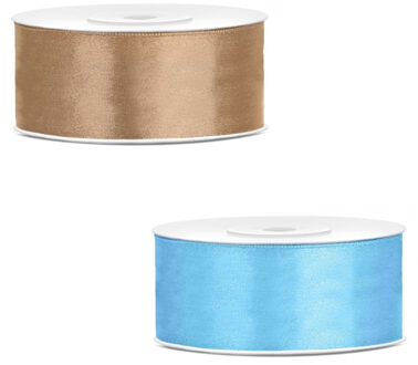 Bellatio Decorations 2x rollen satijn cadeaulint/sierlint - 2.5 cm x 25 meter - lichtblauw en goud