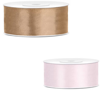 Bellatio Decorations 2x rollen satijn cadeaulint/sierlint - 2.5 cm x 25 meter - lichtroze en goud